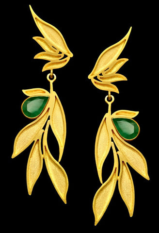 Brinco Prata com banho de Ouro Fosco Esmeralda Elegantíssima