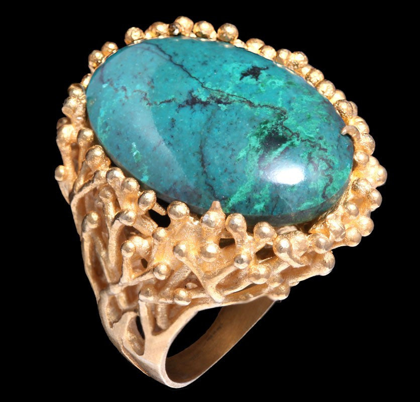 Anel Prata com banho de Ouro Polido Crisocola Peruana Roots