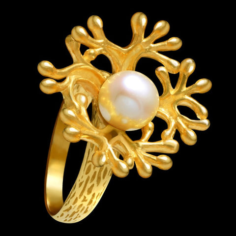 Anel Prata com banho de Ouro Oxidado Perola Mush Tonga