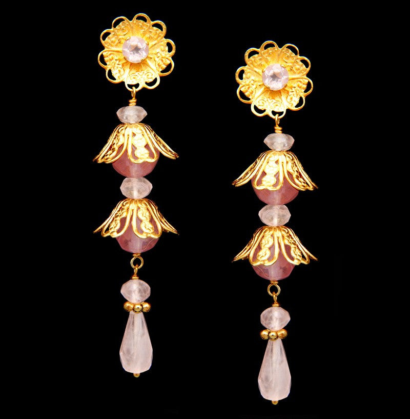 Brinco Prata com banho de Ouro Polido Cherry Quartz Quartzo Rosa Lamparina