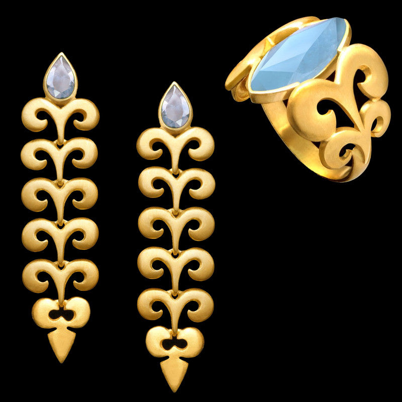 Conjunto Prata com banho de Ouro agua Marinha vanuatu + Tangaroa