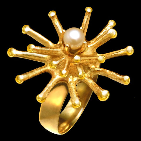Anel regulável Prata com banho de Ouro Oxidado Perola Echinus